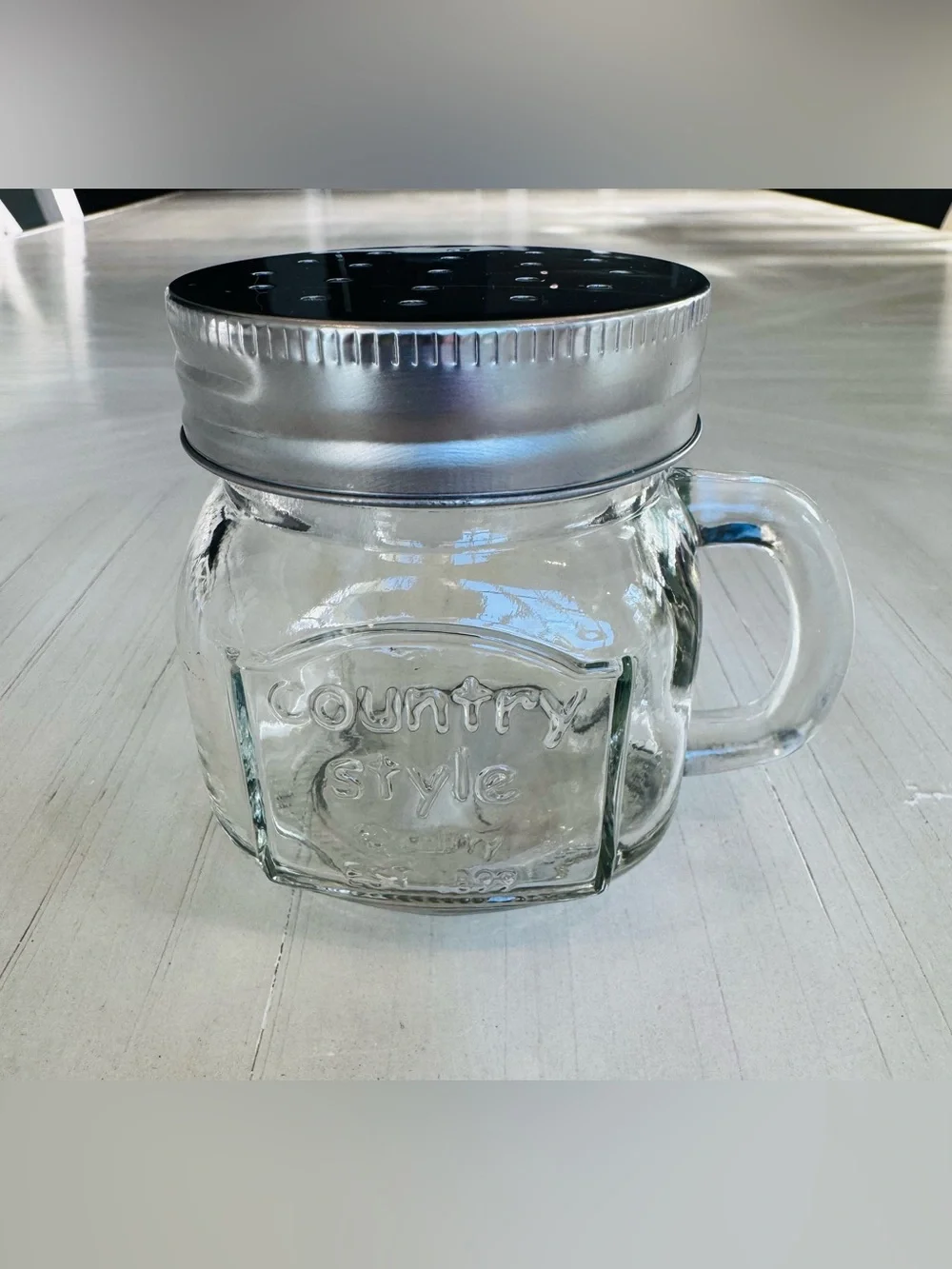 Country Style Mini Glass Mason Jar Mug w/ Handle & Silver Lid - 3.5” - Like New